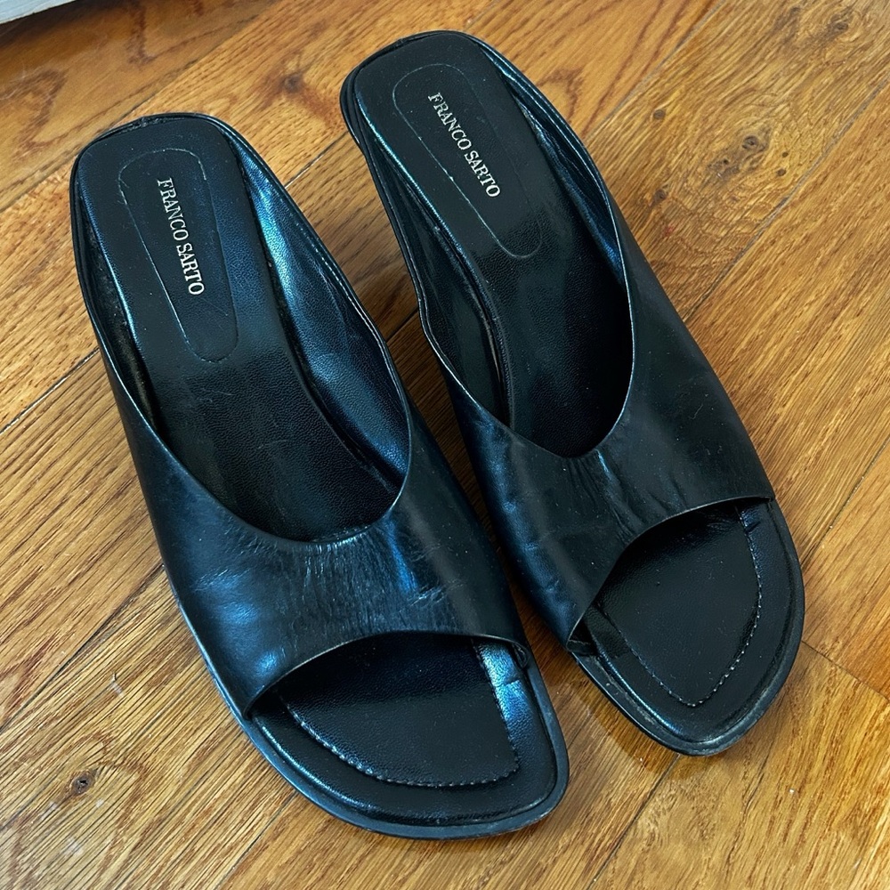 Black Leather Kitten Heel Mules